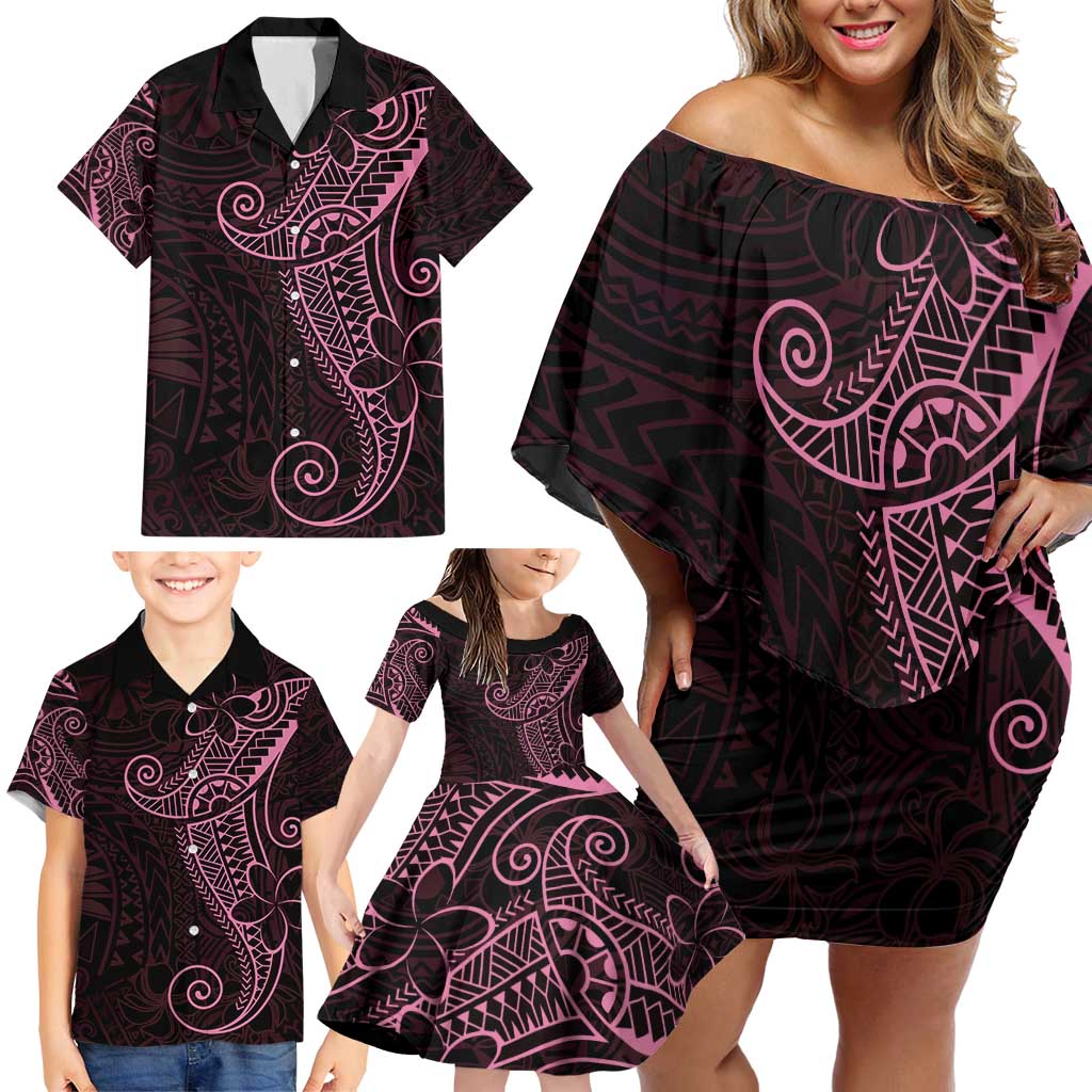 Black Pink Polynesian Tribal Family Matching Off Shoulder Short Dress and Hawaiian Shirt LT9 - Polynesian Pride