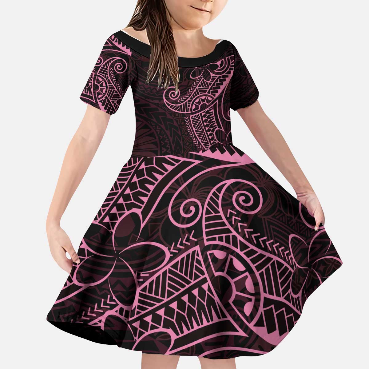 Black Pink Polynesian Tribal Kid Short Sleeve Dress - Polynesian Pride