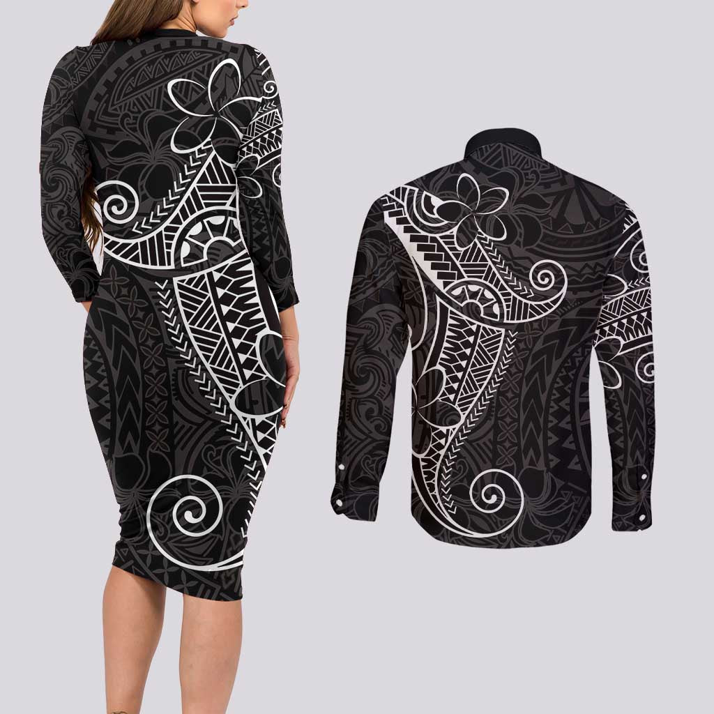 Black White Polynesian Tribal Couples Matching Long Sleeve Bodycon Dress and Long Sleeve Button Shirt LT9 - Polynesian Pride