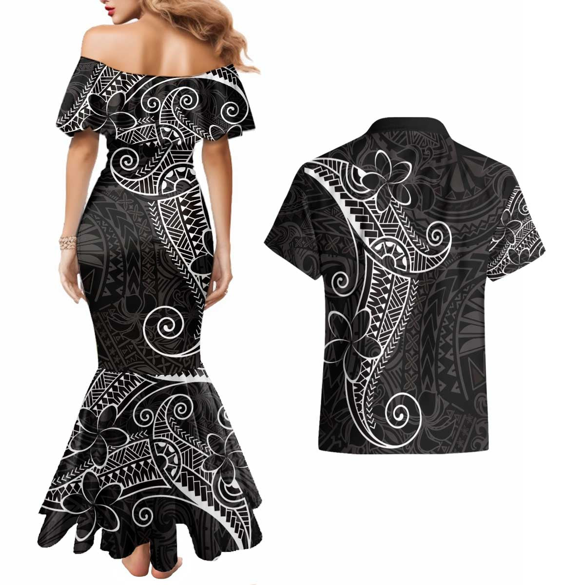 Black White Polynesian Tribal Couples Matching Mermaid Dress and Hawaiian Shirt LT9 - Polynesian Pride