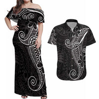 Black White Polynesian Tribal Couples Matching Off Shoulder Maxi Dress and Hawaiian Shirt LT9 White - Polynesian Pride