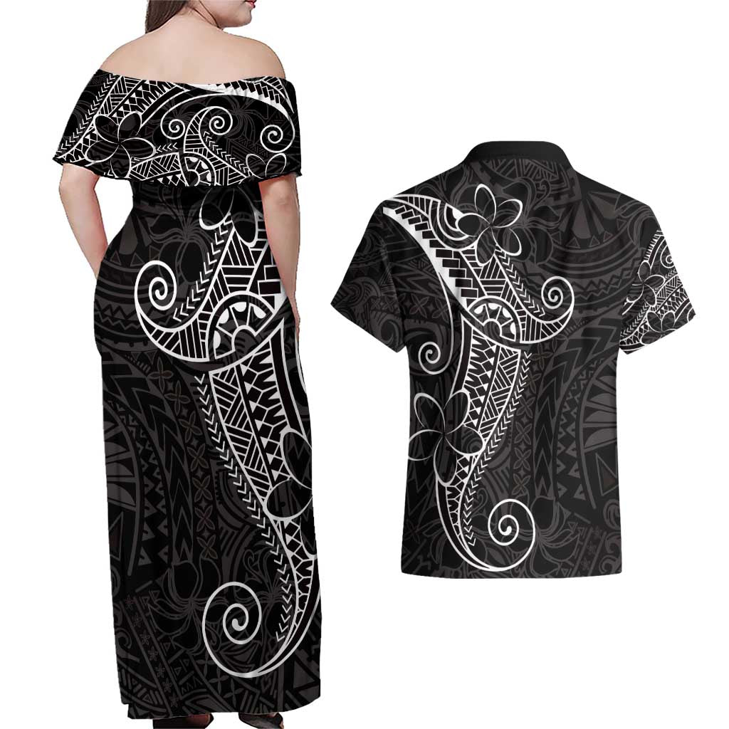 Black White Polynesian Tribal Couples Matching Off Shoulder Maxi Dress and Hawaiian Shirt LT9 - Polynesian Pride