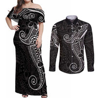 Black White Polynesian Tribal Couples Matching Off Shoulder Maxi Dress and Long Sleeve Button Shirt LT9 White - Polynesian Pride