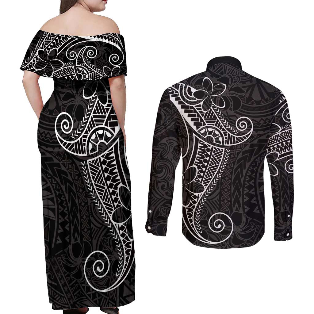 Black White Polynesian Tribal Couples Matching Off Shoulder Maxi Dress and Long Sleeve Button Shirt LT9 - Polynesian Pride