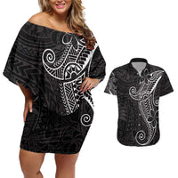 Black White Polynesian Tribal Couples Matching Off Shoulder Short Dress and Hawaiian Shirt LT9 White - Polynesian Pride