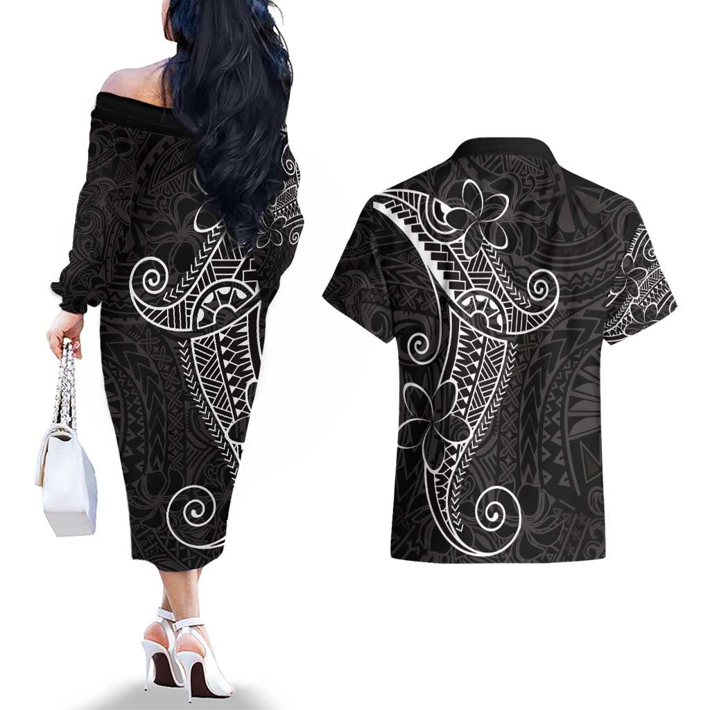 Black White Polynesian Tribal Couples Matching Off The Shoulder Long Sleeve Dress and Hawaiian Shirt LT9 - Polynesian Pride
