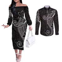 Black White Polynesian Tribal Couples Matching Off The Shoulder Long Sleeve Dress and Long Sleeve Button Shirt LT9 White - Polynesian Pride