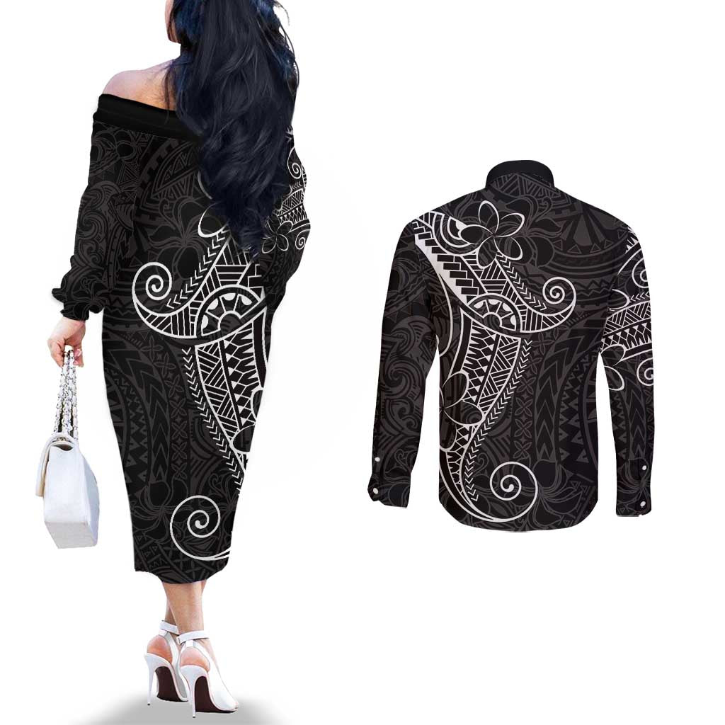 Black White Polynesian Tribal Couples Matching Off The Shoulder Long Sleeve Dress and Long Sleeve Button Shirt LT9 - Polynesian Pride