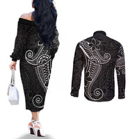 Black White Polynesian Tribal Couples Matching Off The Shoulder Long Sleeve Dress and Long Sleeve Button Shirt LT9 - Polynesian Pride