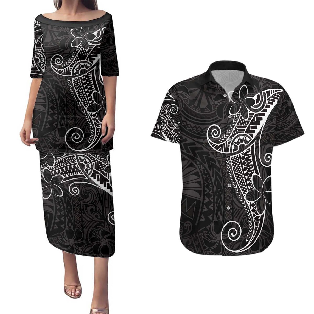 Black White Polynesian Tribal Couples Matching Puletasi and Hawaiian Shirt LT9 White - Polynesian Pride