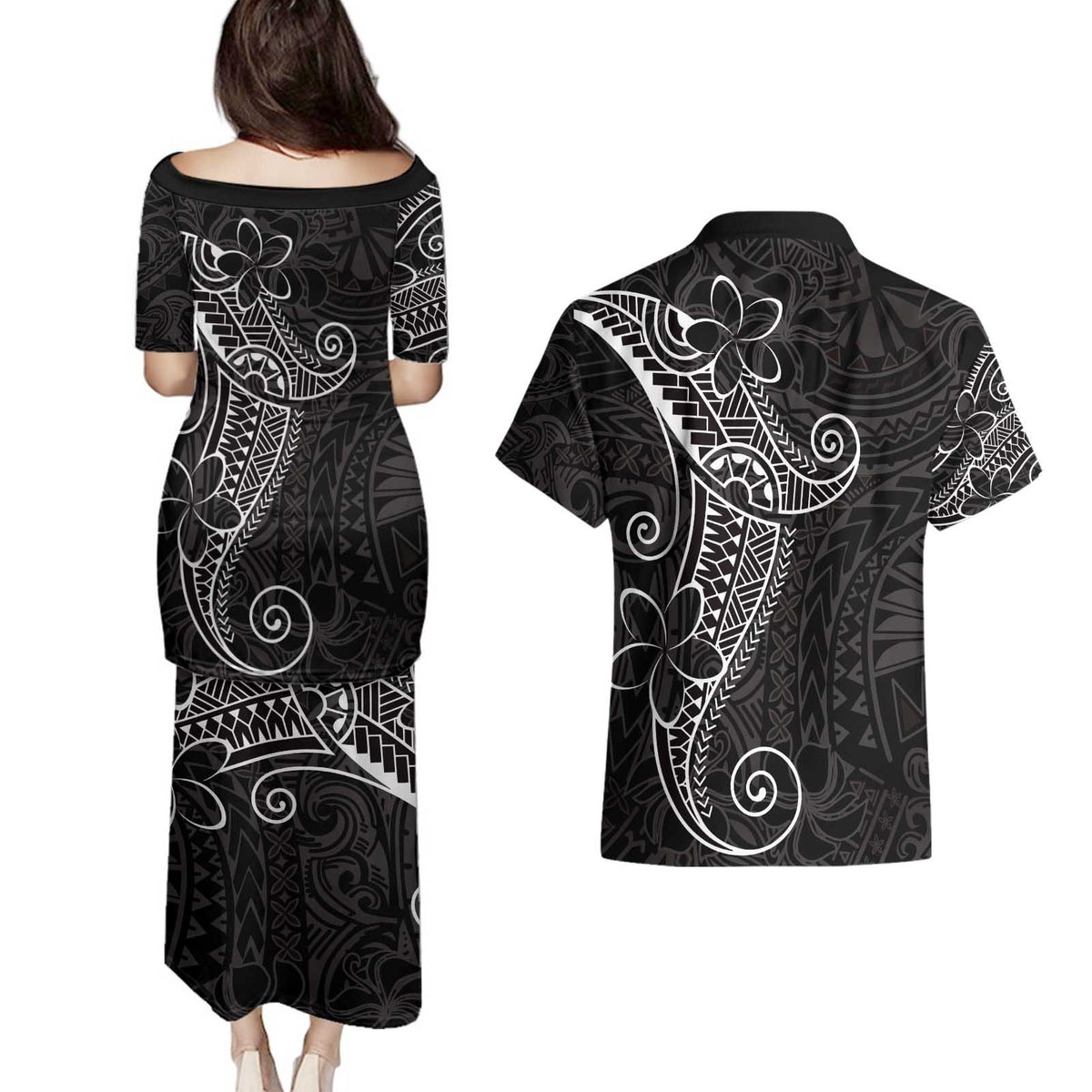 Black White Polynesian Tribal Couples Matching Puletasi and Hawaiian Shirt LT9 - Polynesian Pride