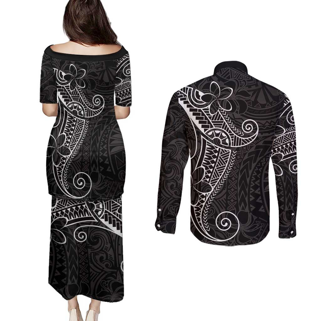 Black White Polynesian Tribal Couples Matching Puletasi and Long Sleeve Button Shirt LT9 - Polynesian Pride