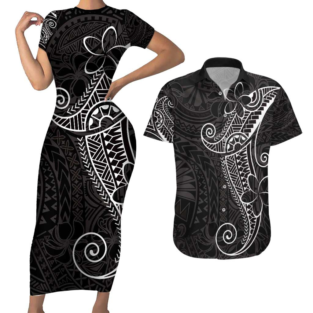 Black White Polynesian Tribal Couples Matching Short Sleeve Bodycon Dress and Hawaiian Shirt LT9 White - Polynesian Pride