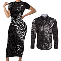 Black White Polynesian Tribal Couples Matching Short Sleeve Bodycon Dress and Long Sleeve Button Shirt LT9 White - Polynesian Pride