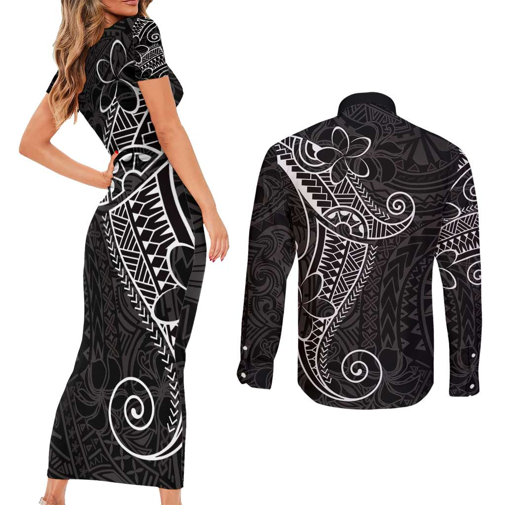 Black White Polynesian Tribal Couples Matching Short Sleeve Bodycon Dress and Long Sleeve Button Shirt LT9 - Polynesian Pride