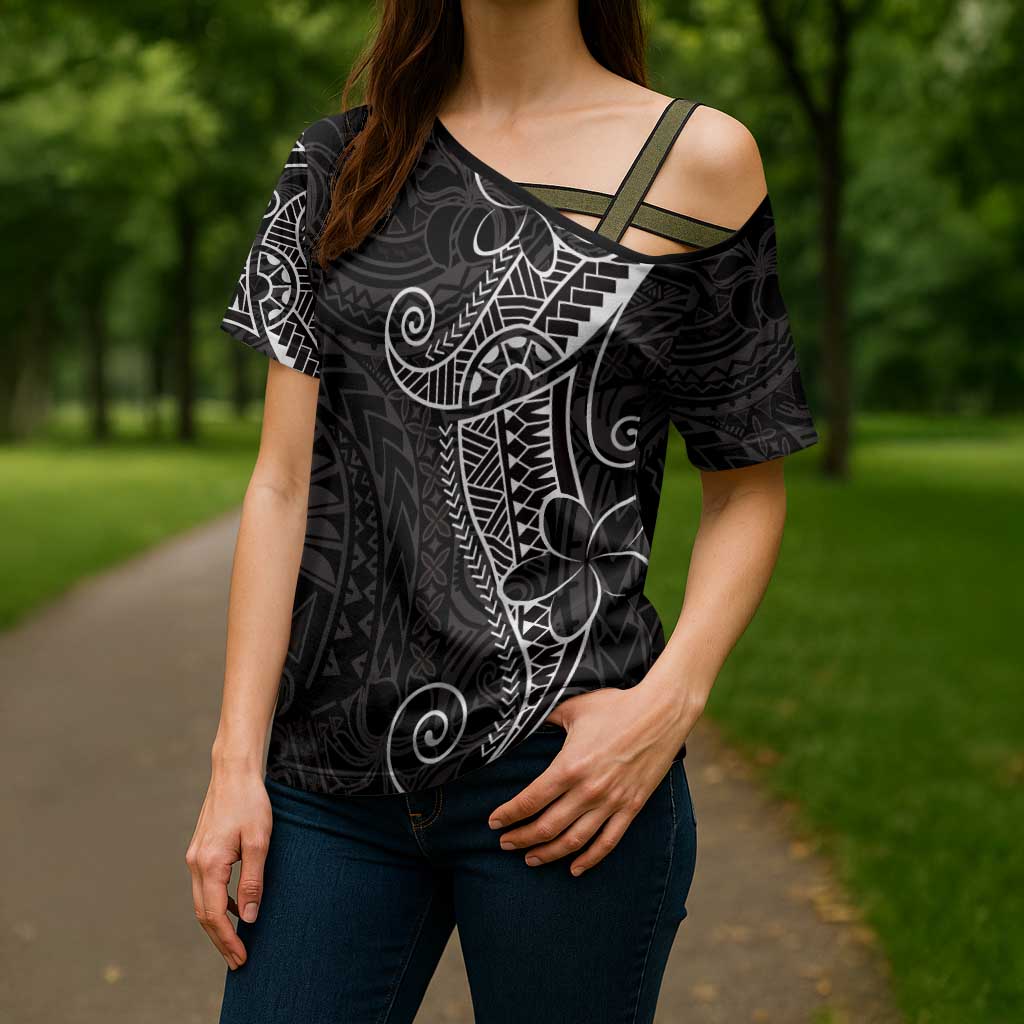 Black White Polynesian Tribal Cross Shoulder Shirt LT9 - Polynesian Pride