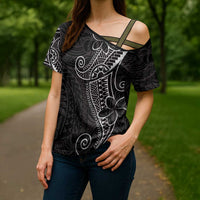 Black White Polynesian Tribal Cross Shoulder Shirt LT9 - Polynesian Pride