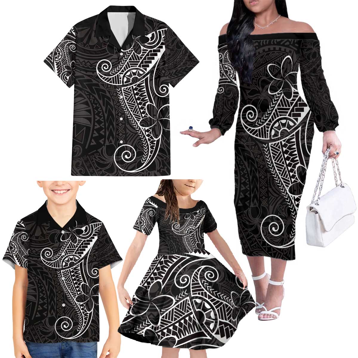 Black White Polynesian Tribal Family Matching Off The Shoulder Long Sleeve Dress and Hawaiian Shirt LT9 - Polynesian Pride
