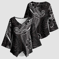 Black White Polynesian Tribal Kimono Sleeve Blouse LT9 - Polynesian Pride