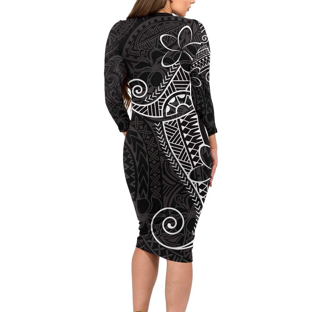 Black White Polynesian Tribal Long Sleeve Bodycon Dress - Polynesian Pride