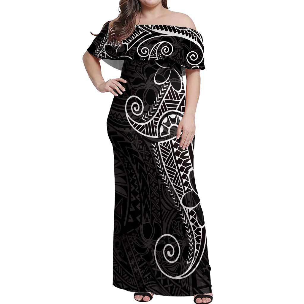 Black White Polynesian Tribal Off Shoulder Maxi Dress - Polynesian Pride
