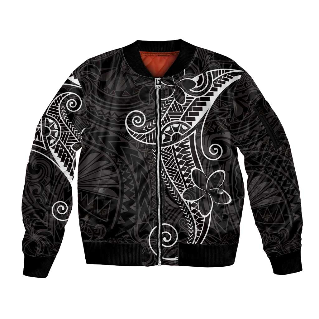 Black White Polynesian Tribal Sleeve Zip Bomber Jacket - Polynesian Pride
