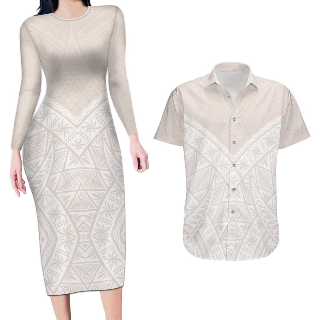 Lotu Tamaiti Tongan Polynesian Art Pattern Couples Matching Long Sleeve Bodycon Dress and Hawaiian Shirt Traditional Tribal Motifs LT9 White - Polynesian Pride