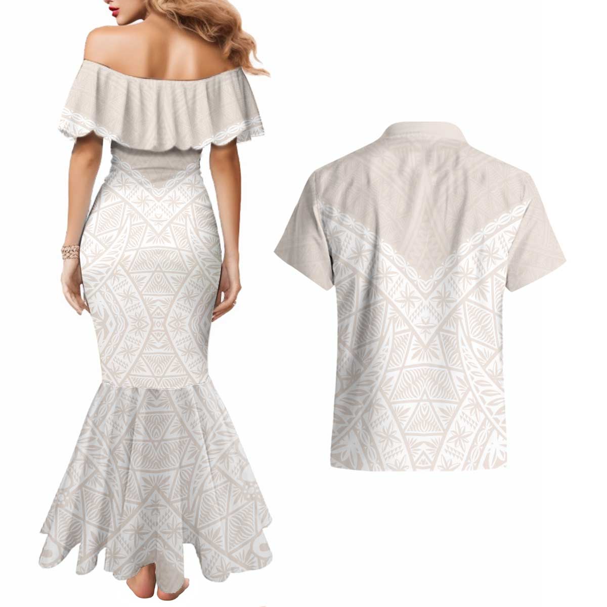 Lotu Tamaiti Tongan Polynesian Art Pattern Couples Matching Mermaid Dress and Hawaiian Shirt Traditional Tribal Motifs - Polynesian Pride