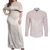 Lotu Tamaiti Tongan Polynesian Art Pattern Couples Matching Off Shoulder Maxi Dress and Long Sleeve Button Shirt Traditional Tribal Motifs - Polynesian Pride