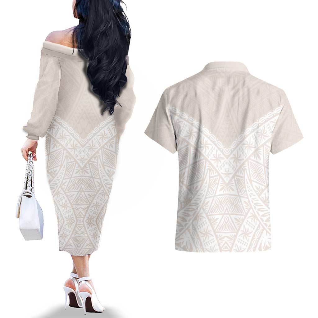 Lotu Tamaiti Tongan Polynesian Art Pattern Couples Matching Off The Shoulder Long Sleeve Dress and Hawaiian Shirt Traditional Tribal Motifs - Polynesian Pride