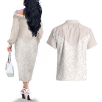Lotu Tamaiti Tongan Polynesian Art Pattern Couples Matching Off The Shoulder Long Sleeve Dress and Hawaiian Shirt Traditional Tribal Motifs - Polynesian Pride