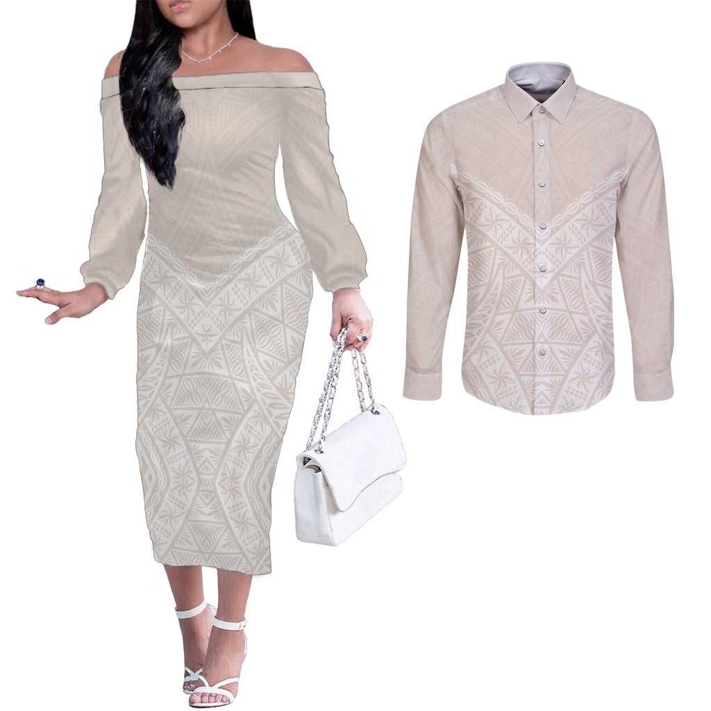 Lotu Tamaiti Tongan Polynesian Art Pattern Couples Matching Off The Shoulder Long Sleeve Dress and Long Sleeve Button Shirt Traditional Tribal Motifs - Polynesian Pride