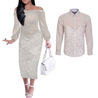 Lotu Tamaiti Tongan Polynesian Art Pattern Couples Matching Off The Shoulder Long Sleeve Dress and Long Sleeve Button Shirt Traditional Tribal Motifs - Polynesian Pride