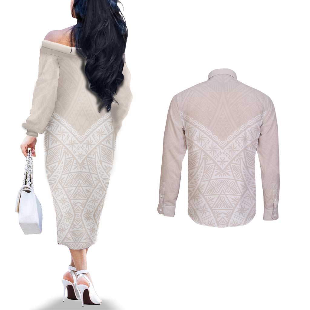 Lotu Tamaiti Tongan Polynesian Art Pattern Couples Matching Off The Shoulder Long Sleeve Dress and Long Sleeve Button Shirt Traditional Tribal Motifs - Polynesian Pride