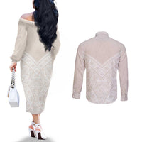 Lotu Tamaiti Tongan Polynesian Art Pattern Couples Matching Off The Shoulder Long Sleeve Dress and Long Sleeve Button Shirt Traditional Tribal Motifs - Polynesian Pride