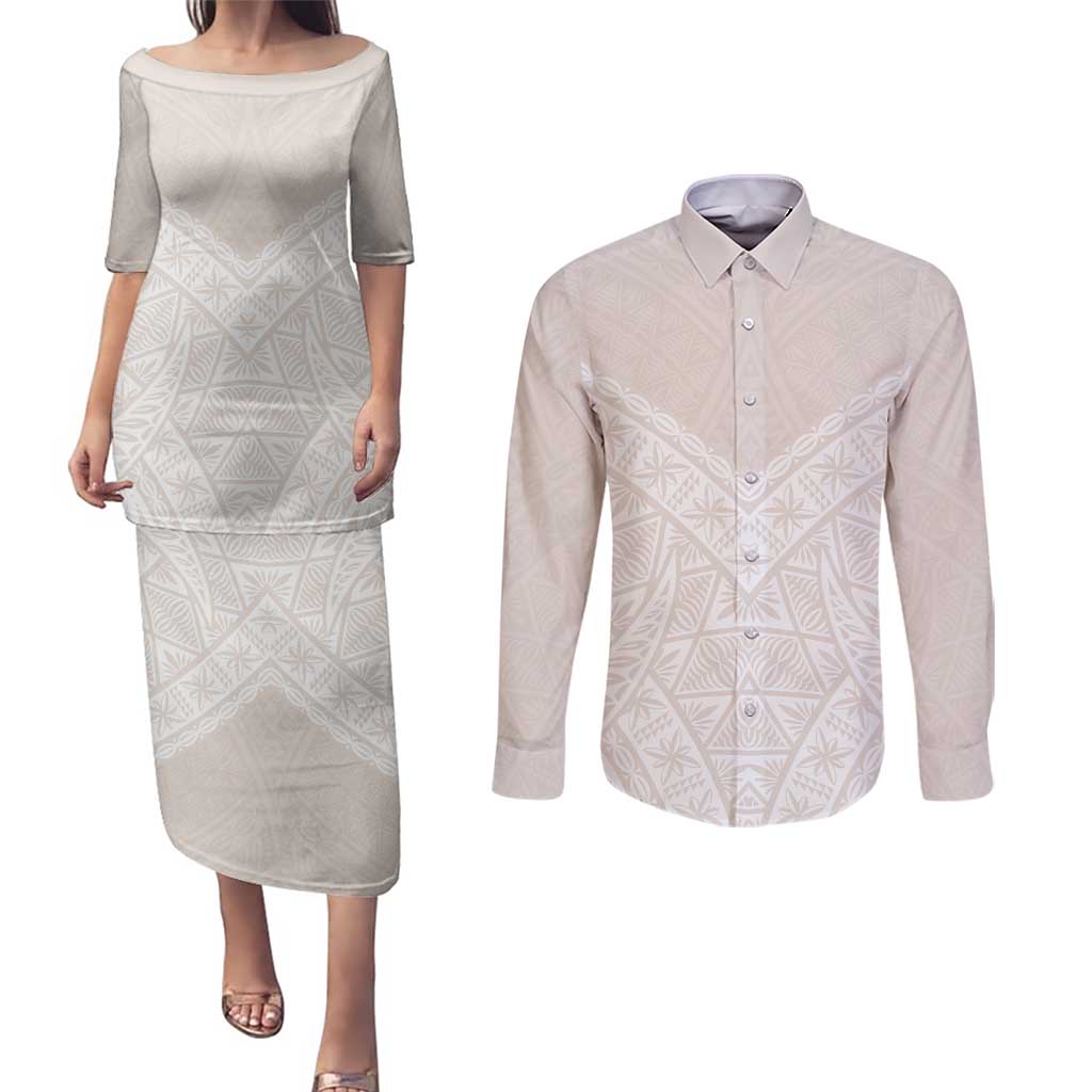 Lotu Tamaiti Tongan Polynesian Art Pattern Couples Matching Puletasi and Long Sleeve Button Shirt Traditional Tribal Motifs LT9 White - Polynesian Pride