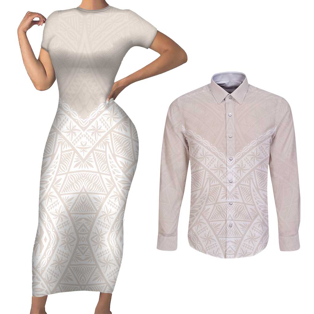 Lotu Tamaiti Tongan Polynesian Art Pattern Couples Matching Short Sleeve Bodycon Dress and Long Sleeve Button Shirt Traditional Tribal Motifs LT9 White - Polynesian Pride