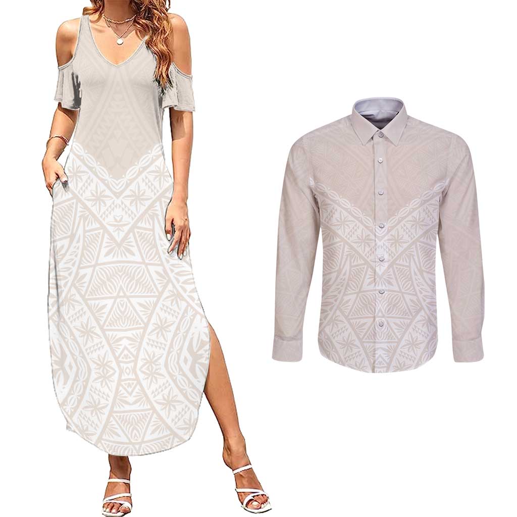 Lotu Tamaiti Tongan Polynesian Art Pattern Couples Matching Summer Maxi Dress and Long Sleeve Button Shirt Traditional Tribal Motifs LT9 White - Polynesian Pride