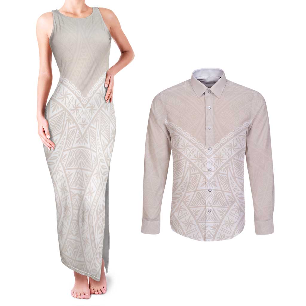 Lotu Tamaiti Tongan Polynesian Art Pattern Couples Matching Tank Maxi Dress and Long Sleeve Button Shirt Traditional Tribal Motifs LT9 White - Polynesian Pride