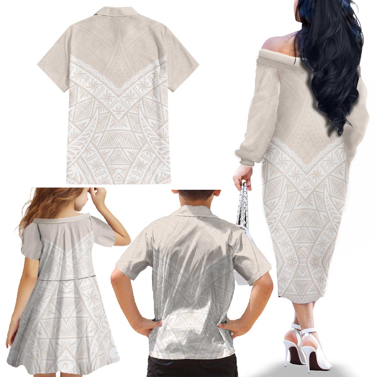 Lotu Tamaiti Tongan Polynesian Art Pattern Family Matching Off The Shoulder Long Sleeve Dress and Hawaiian Shirt Traditional Tribal Motifs - Polynesian Pride