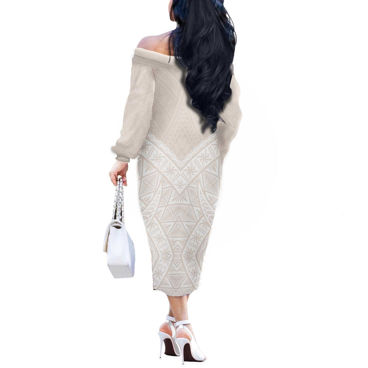 Lotu Tamaiti Tongan Polynesian Art Pattern Off The Shoulder Long Sleeve Dress Traditional Tribal Motifs - Polynesian Pride