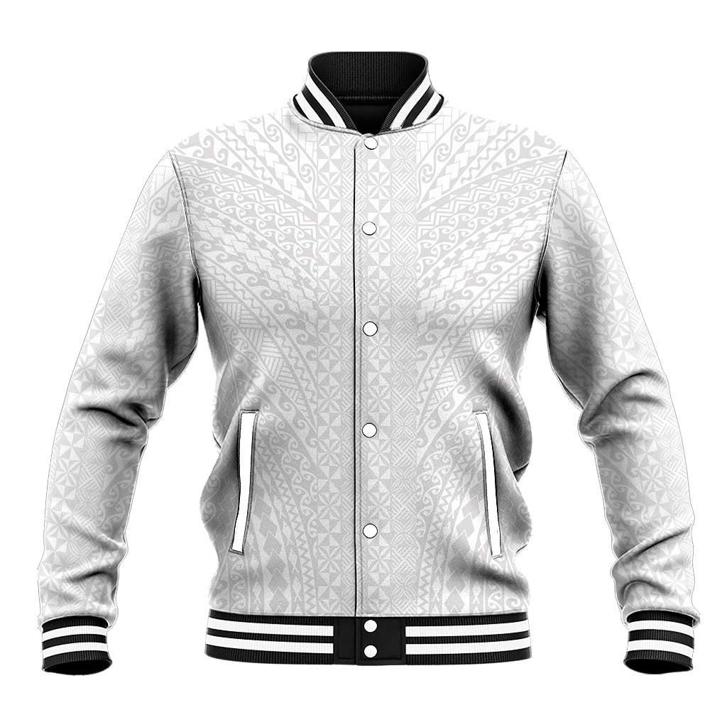 Lotu Tamaiti White Tongan Ngatu Baseball Jacket Polynesian Tribal Fonulei Pattern LT9 Unisex White - Polynesian Pride
