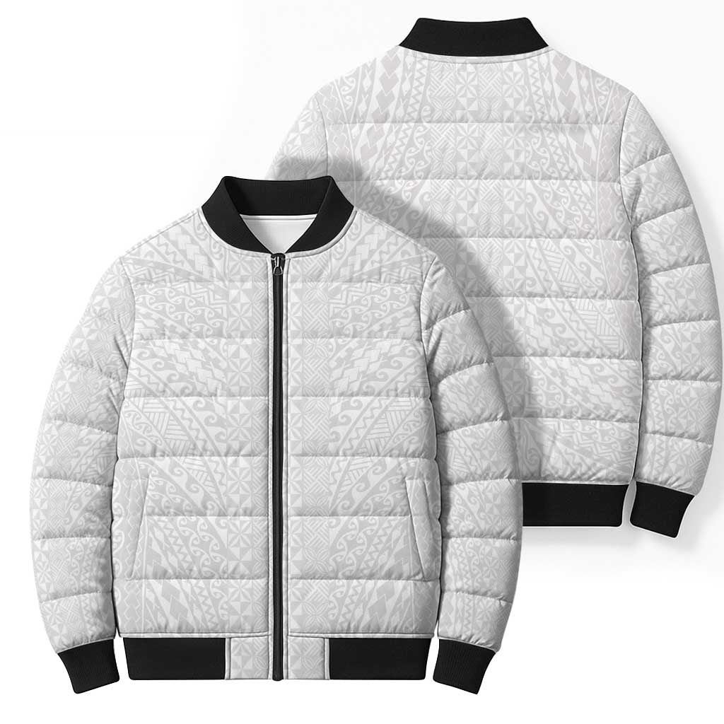 Lotu Tamaiti White Tongan Ngatu Bomber Puffer Jacket Polynesian Tribal Fonulei Pattern LT9 - Polynesian Pride