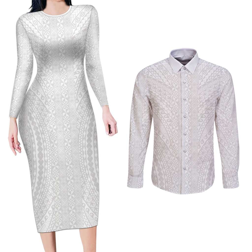 Lotu Tamaiti White Tongan Ngatu Couples Matching Long Sleeve Bodycon Dress and Long Sleeve Button Shirt Polynesian Tribal Fonulei Pattern LT9 White - Polynesian Pride