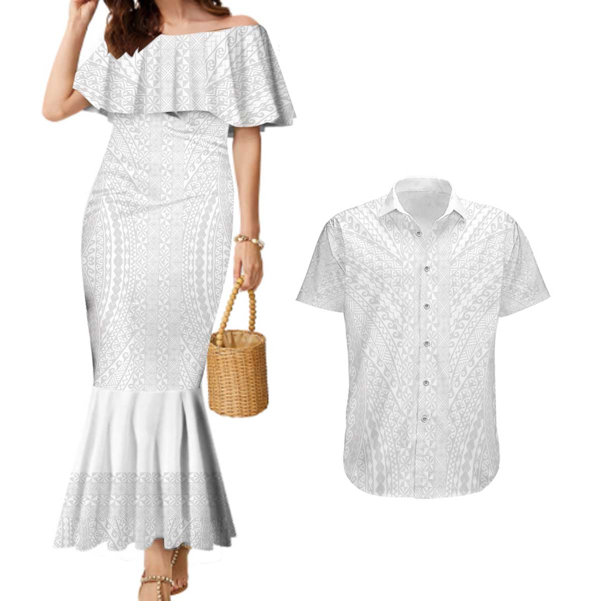 Lotu Tamaiti White Tongan Ngatu Couples Matching Mermaid Dress and Hawaiian Shirt Polynesian Tribal Fonulei Pattern LT9 White - Polynesian Pride