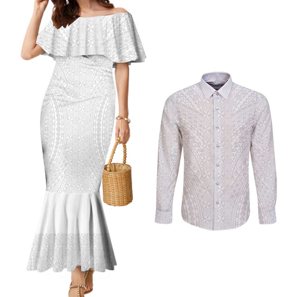 Lotu Tamaiti White Tongan Ngatu Couples Matching Mermaid Dress and Long Sleeve Button Shirt Polynesian Tribal Fonulei Pattern - Polynesian Pride