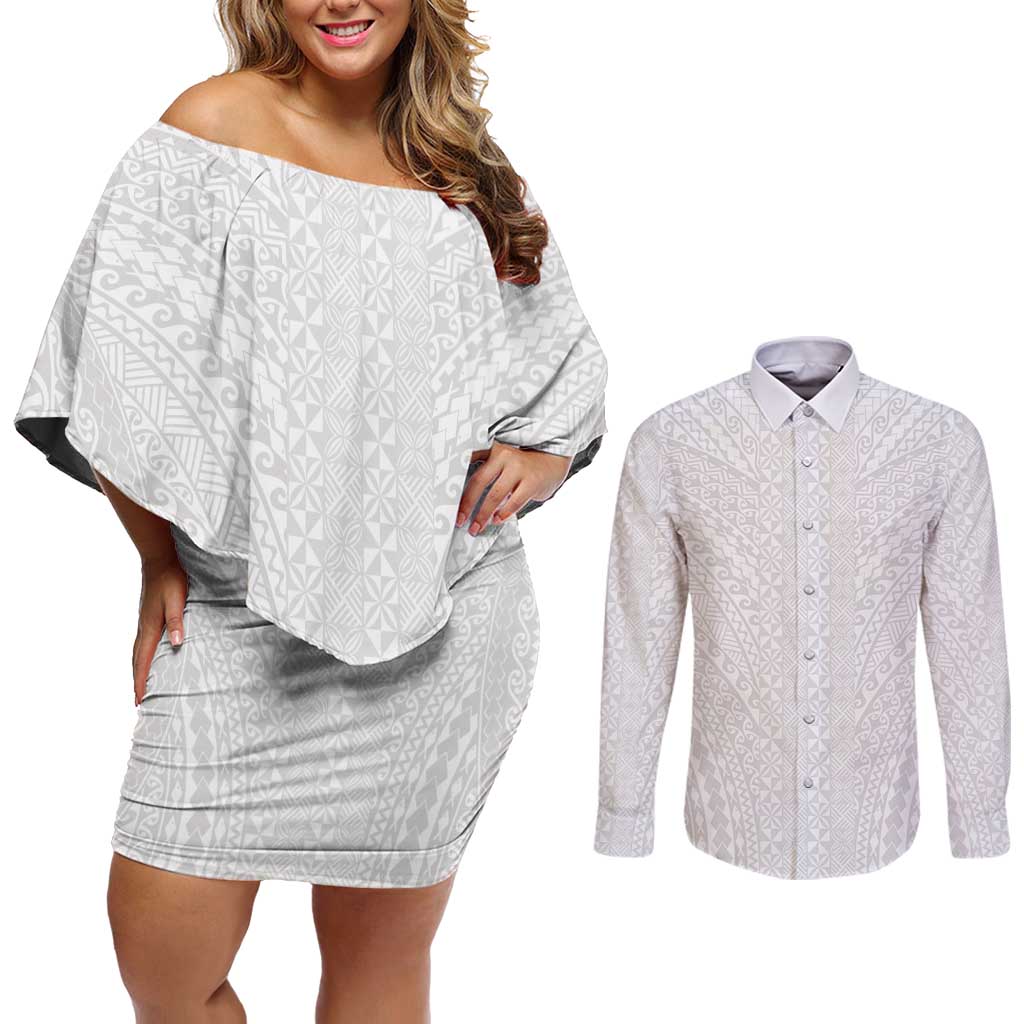 Lotu Tamaiti White Tongan Ngatu Couples Matching Off Shoulder Short Dress and Long Sleeve Button Shirt Polynesian Tribal Fonulei Pattern - Polynesian Pride