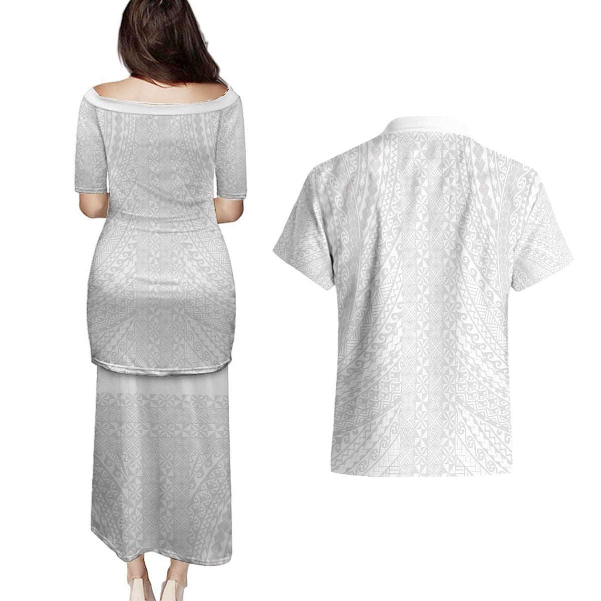 Lotu Tamaiti White Tongan Ngatu Couples Matching Puletasi and Hawaiian Shirt Polynesian Tribal Fonulei Pattern - Polynesian Pride
