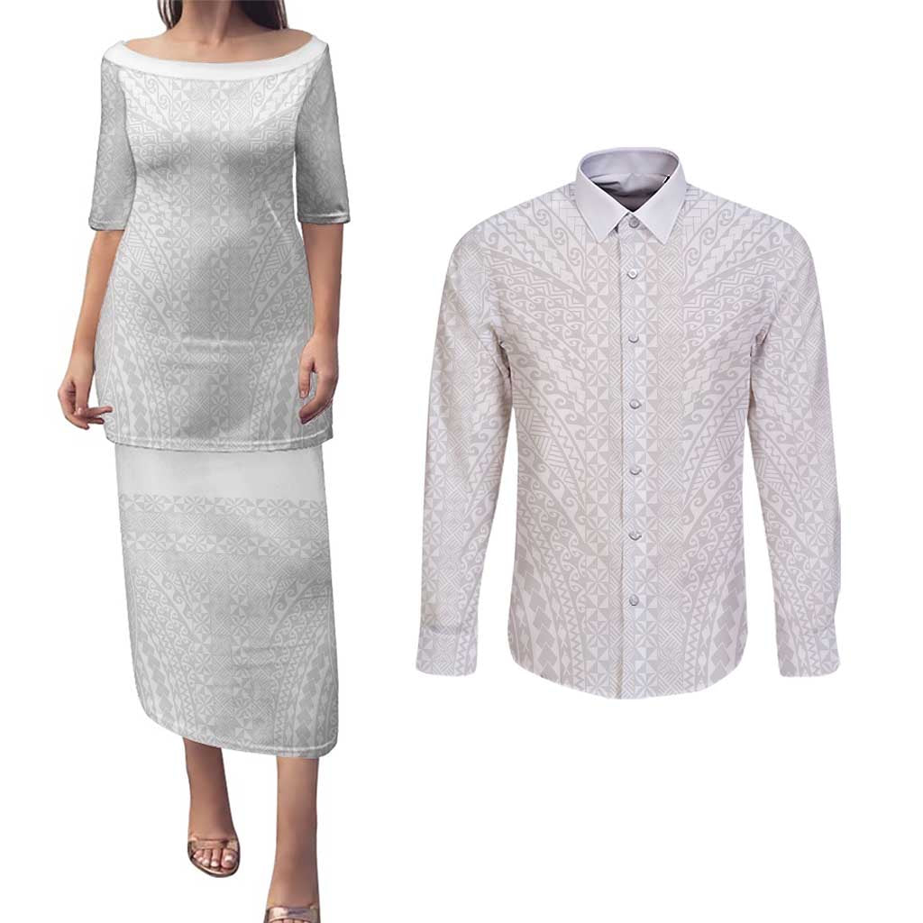 Lotu Tamaiti White Tongan Ngatu Couples Matching Puletasi and Long Sleeve Button Shirt Polynesian Tribal Fonulei Pattern LT9 White - Polynesian Pride