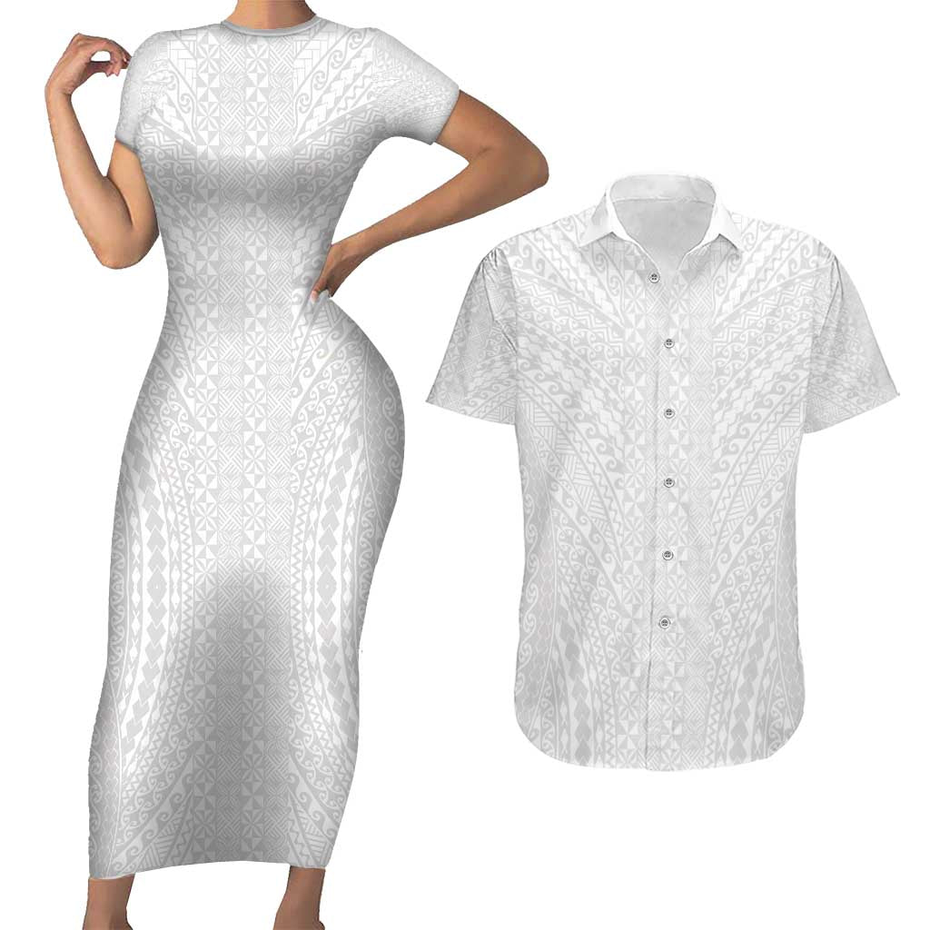 Lotu Tamaiti White Tongan Ngatu Couples Matching Short Sleeve Bodycon Dress and Hawaiian Shirt Polynesian Tribal Fonulei Pattern LT9 White - Polynesian Pride